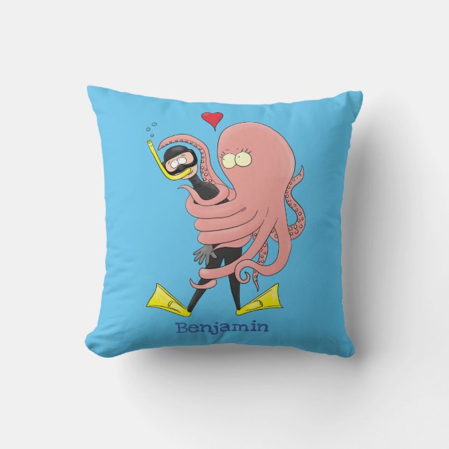 Coussin Drôle pieuvre embrasse plongeur dessin animé humou (Recto)
