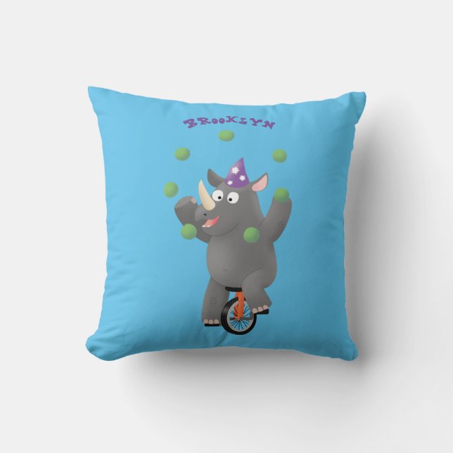 Coussin Drôle rhinocéros mignon jonglant sur monocycle (Recto)