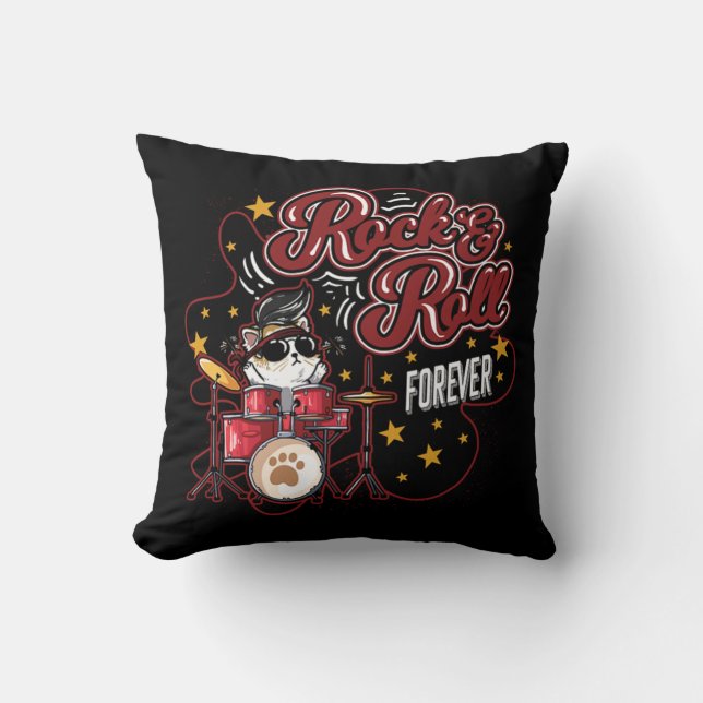 Coussin Drôle Rock n Roll Forever Cool batteur chat (Recto)