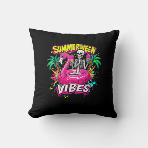 Coussin Drôle Skeleton Summerween Vibes Flamant rose Pool