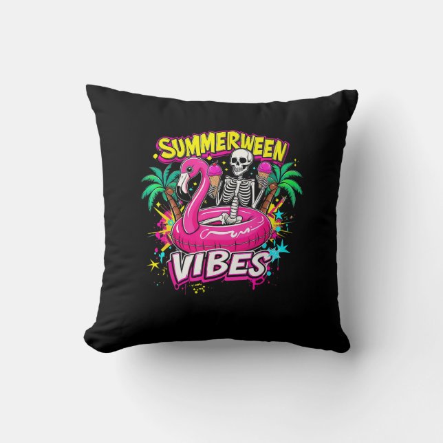 Coussin Drôle Skeleton Summerween Vibes Flamant rose Pool  (Recto)