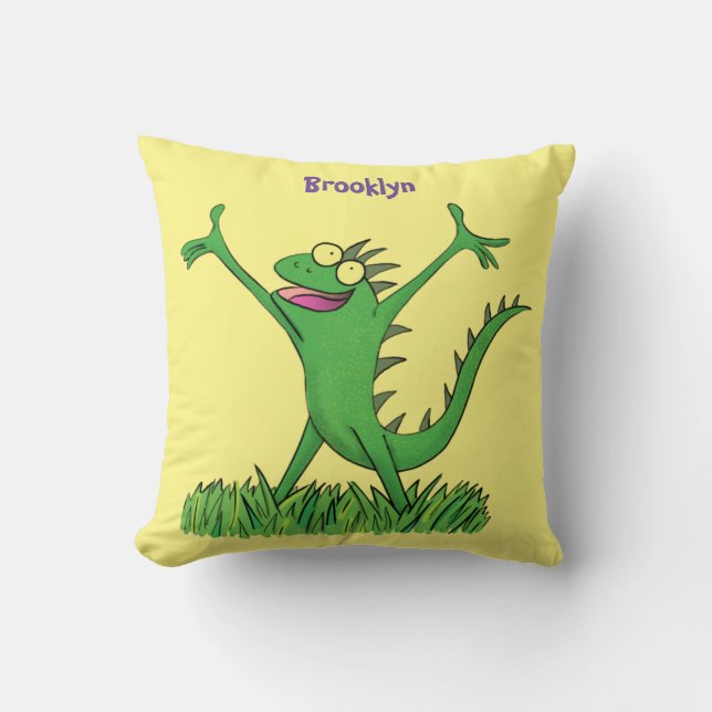 Coussin Drôle vert souriant animé lézard d'iguane (Recto)