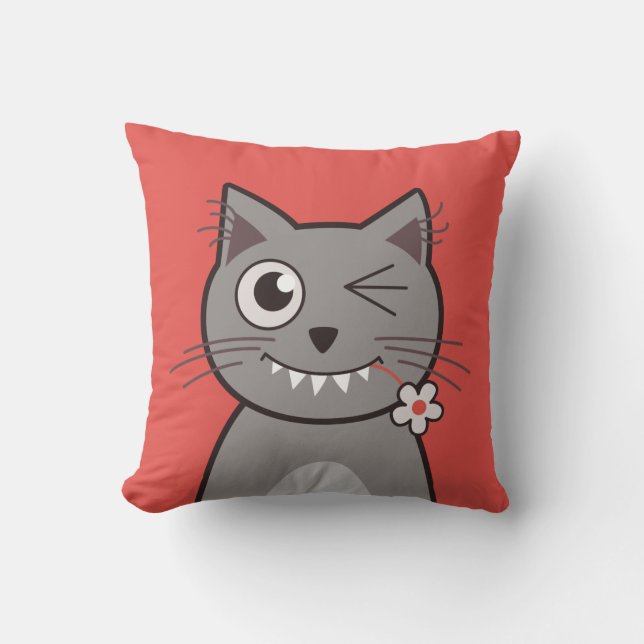 Coussin Drôle Winking Cartoon Kitty Chat (Recto)