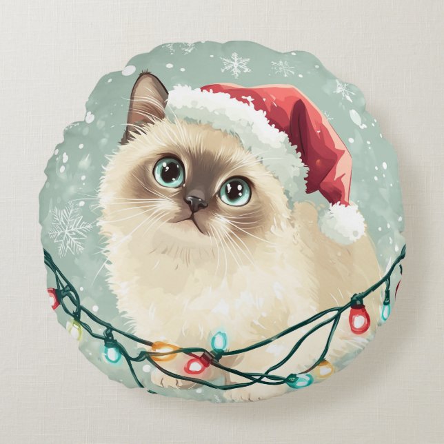 Coussin d'un chat dans un casquette de Noël (Devant)
