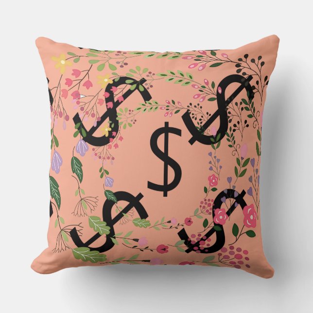 Coussin Duo Tone Dollar Signe Pêche Pâle Vert Floral (Recto)