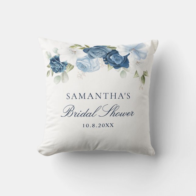 Coussin Dusty Blue Aquarelle Floral Script Fête de Mariage (Recto)