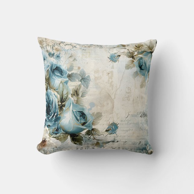 Coussin Dusty Blue Bourgogne Floral Marbre Nom Monogramme (Recto)