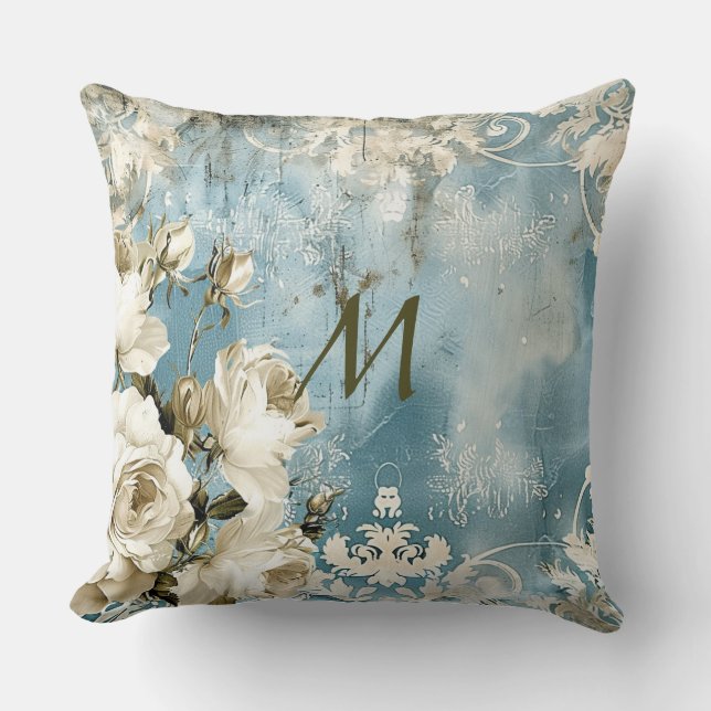 Coussin Dusty Blue Bourgogne Floral Marbre Nom Monogramme (Recto)