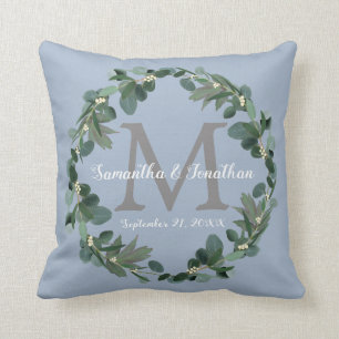 Coussin Dusty Blue Eucalyptus Monogram Mariage Keepsaké