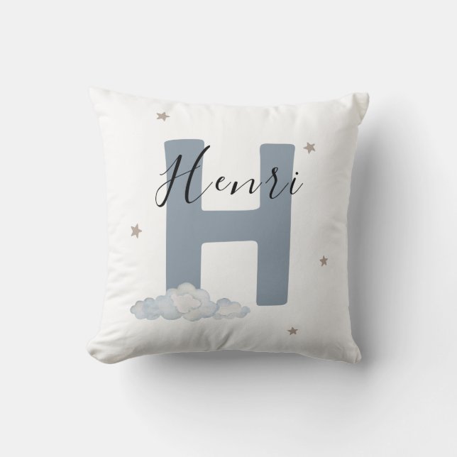 Coussin Dusty Blue Personalized Baby Name Pillow Custom (Recto)