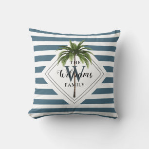 Coussin Dusty Blue Stripes Tropical Monogramme Nom du scri