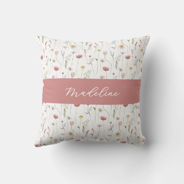 Coussin Dusty Pink Watercolor Wildflower Monogram Name (Verso)