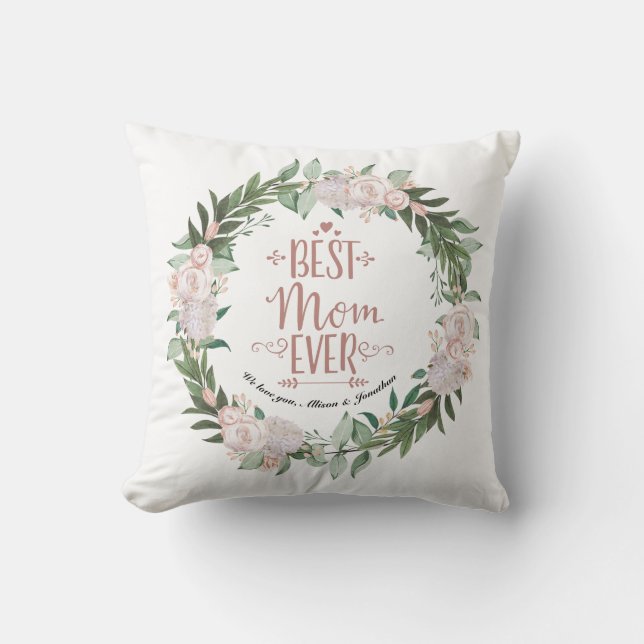 Coussin Dusty Rose Floral Wreath Meilleure Maman Jour des  (Recto)
