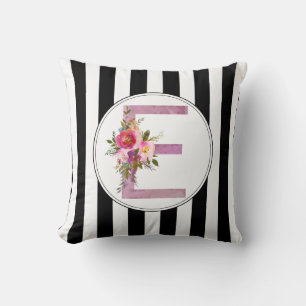 Coussin E, Floral Monogramme initial, fleur d'aquarelle