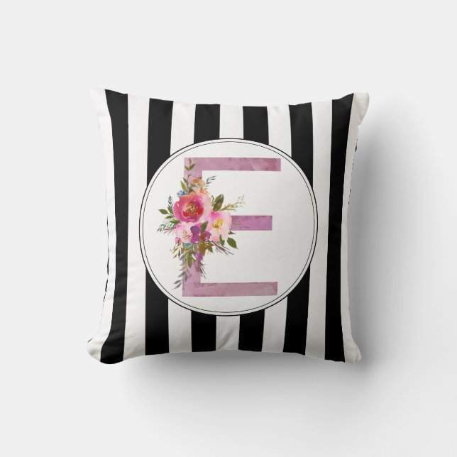 Coussin E, Floral Monogramme initial, fleur d'aquarelle (Recto)