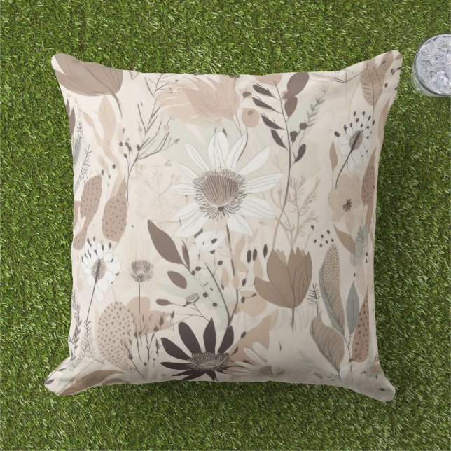 Coussin Earth Tone Floral Brown Cream Sage Throw Pillow  (Herbe)