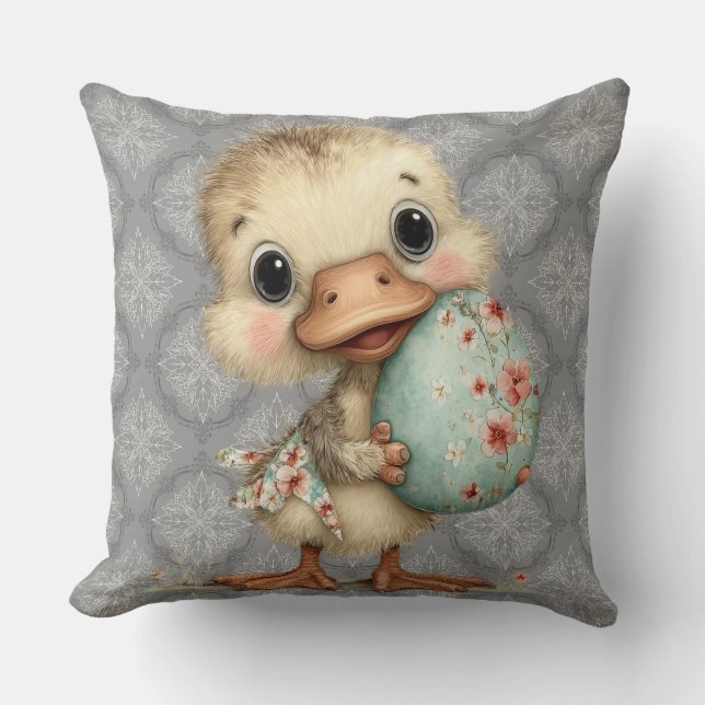 Coussin Easter Duckling Gray Damask Pattern Throw Pillow (Recto)