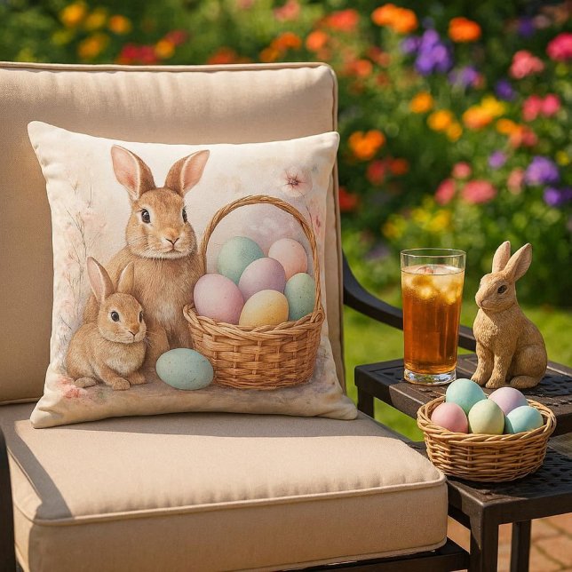 Coussin Easter / Spring  Rabbit & Colored Eggs  (Outdoor living space decor...Easter throw pillow with Rabbit and Eggs.  Mockup )