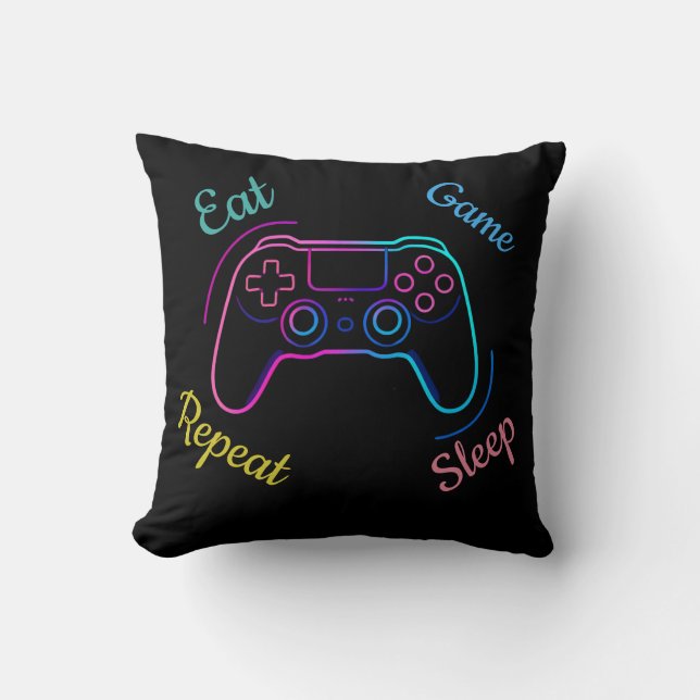 Coussin Eat Game Sleep Repeat | Neon Gamer Customizable Ty (Recto)