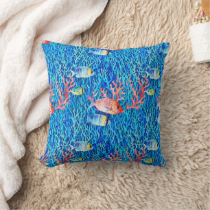 Coussin Eau bleue, poisson et corail Océanique