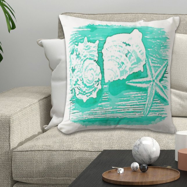 Coussin eau de la plage côtière coquillage turquoise étoil (coastal beach watercolor teal seashell starfish throw pillow)