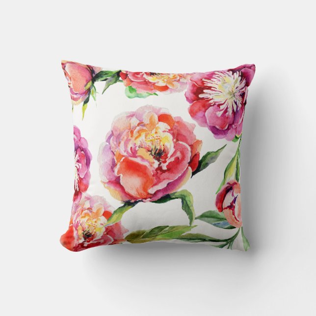 Coussin Eau florale écarlate rouge rousse pies rose (Recto)