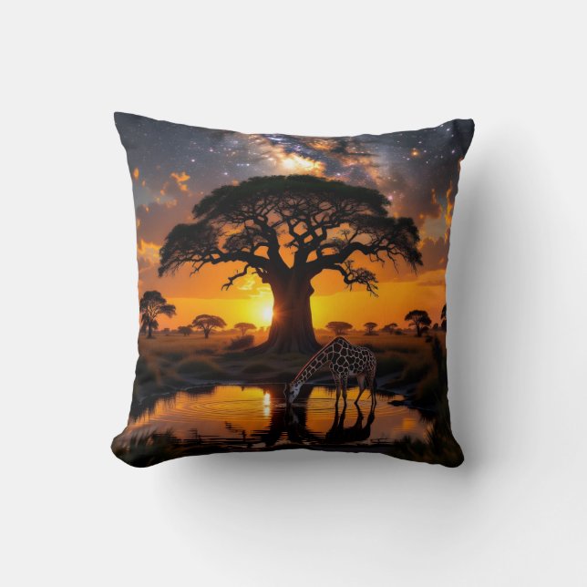 Coussin Eau potable de girafe dans le coucher de soleil af (Recto)
