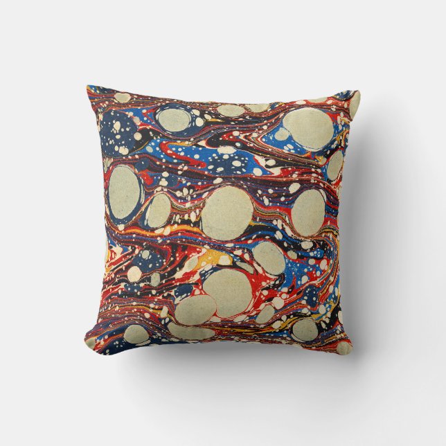 COUSSIN EAUX ABSTRAITES ROUGES BLEU MARBLÉES, CERCLES BLAN (Recto)