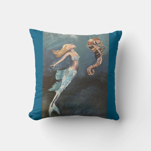 Coussin Eaux enchantées : une sirène et son cheval de mer (Recto)
