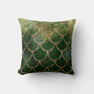 Coussin Écaille de poisson sirène scintillante verte et or