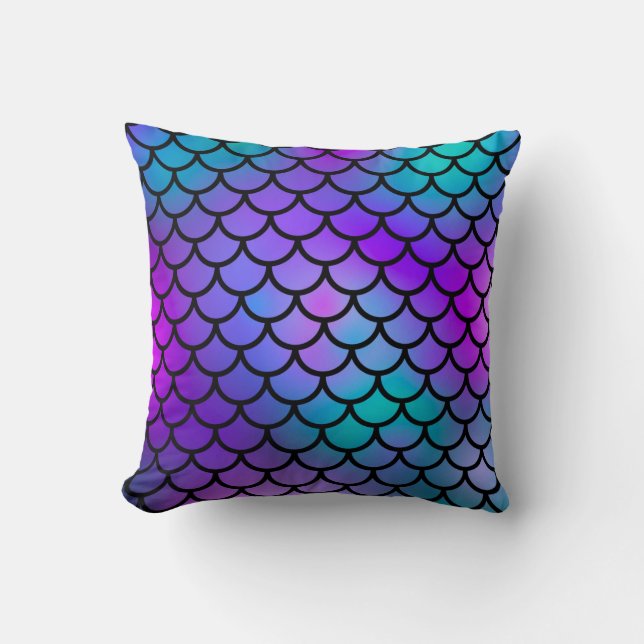 Coussin Écailles de sirène bleu sarcelle violet rose bleu  (Recto)