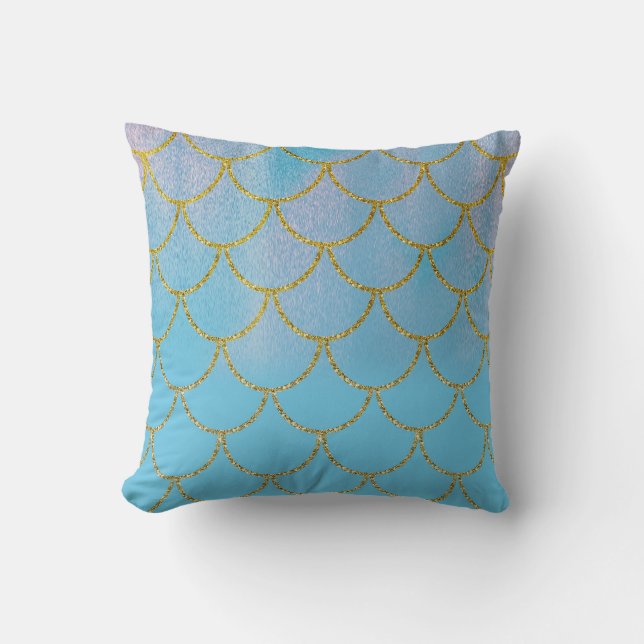 Coussin Écailles de sirène irisées bleu et or avec chatoie (Recto)