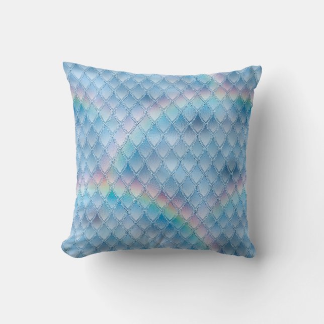 Coussin Écales de dragon bleu scintillant et arc-en-ciel (Recto)