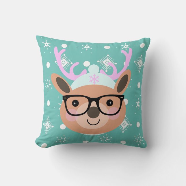 Coussin Écharpe Chapeau Lunettes de Noël Renne Mignon    (Recto)