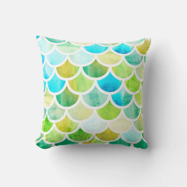 Coussin Échelles de sirène. Aquarelle écailles de poisson. (Recto)