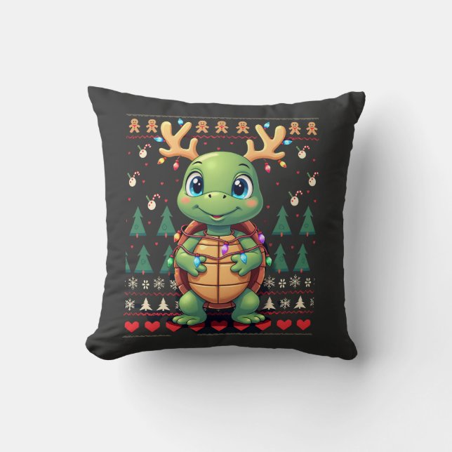 Coussin Éclairage de style pull de Noël moche Tortue de No (Recto)