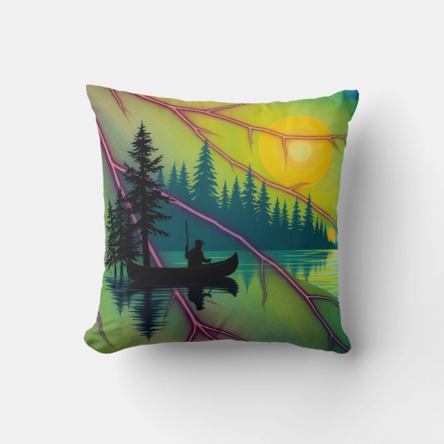 Coussin Éclaircie de l'aube sur la rivière en canoë Maple  (Recto)