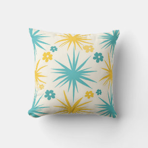 Coussin Éclat Floral de Moutarde Sarcelle Rétro