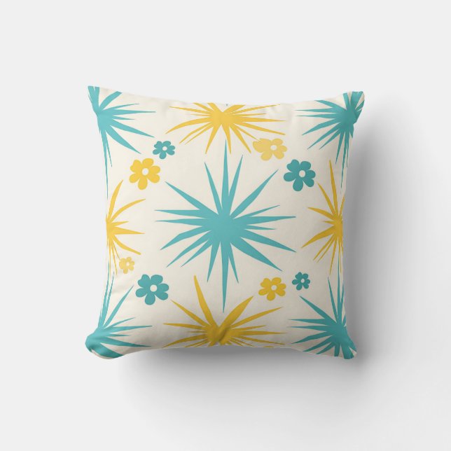 Coussin Éclat Floral de Moutarde Sarcelle Rétro (Recto)