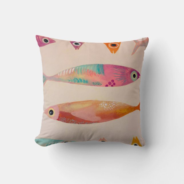 Coussin École de poissons d'art original - Rose, sarcelle, (Recto)