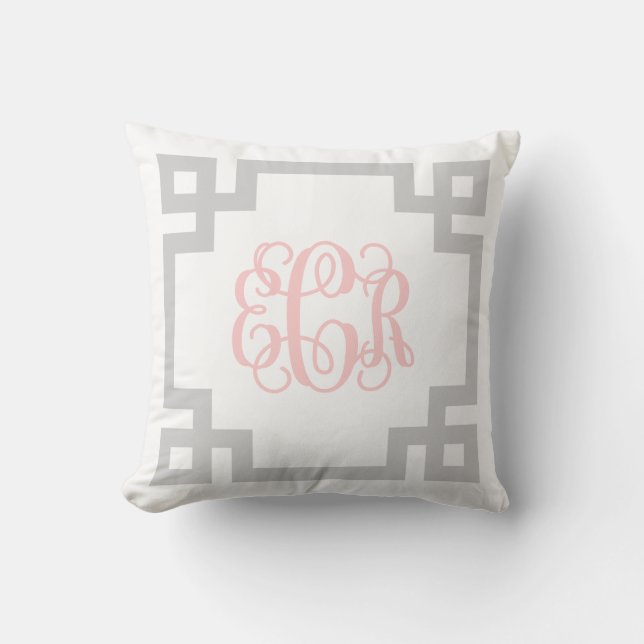 Coussin ECR Gris et rose grecque clé Monogramme de script (Recto)