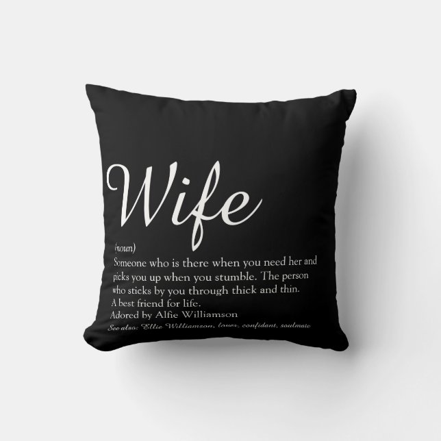 Coussin Écriture chic définition de femme mariée noir et b (Recto)