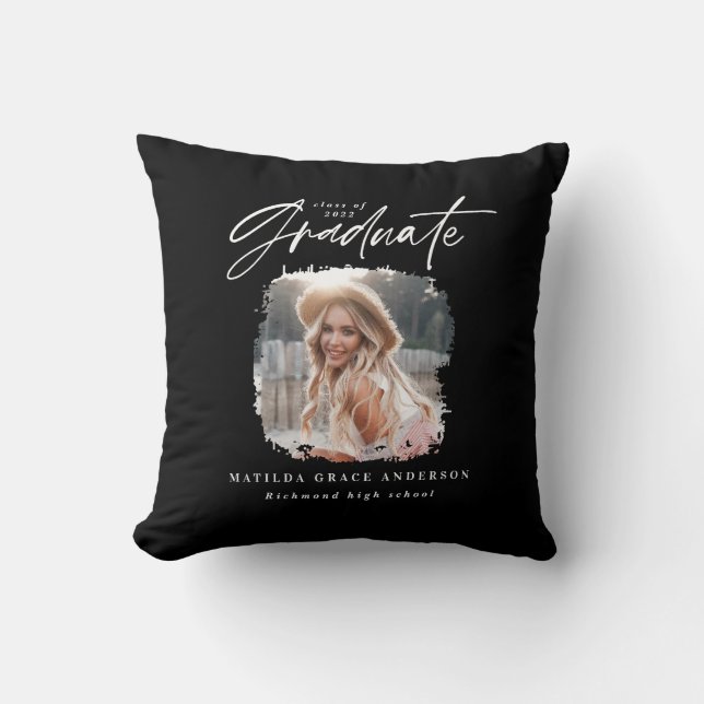 Coussin Écriture moderne noir blanc photo élégante graduat (Recto)