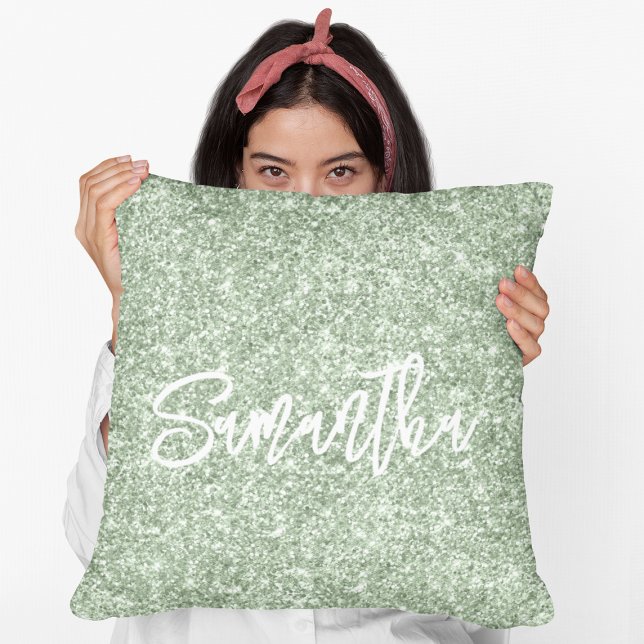Coussin Écriture Pinceau Paillettes Vert Sauge (Créateur téléchargé)