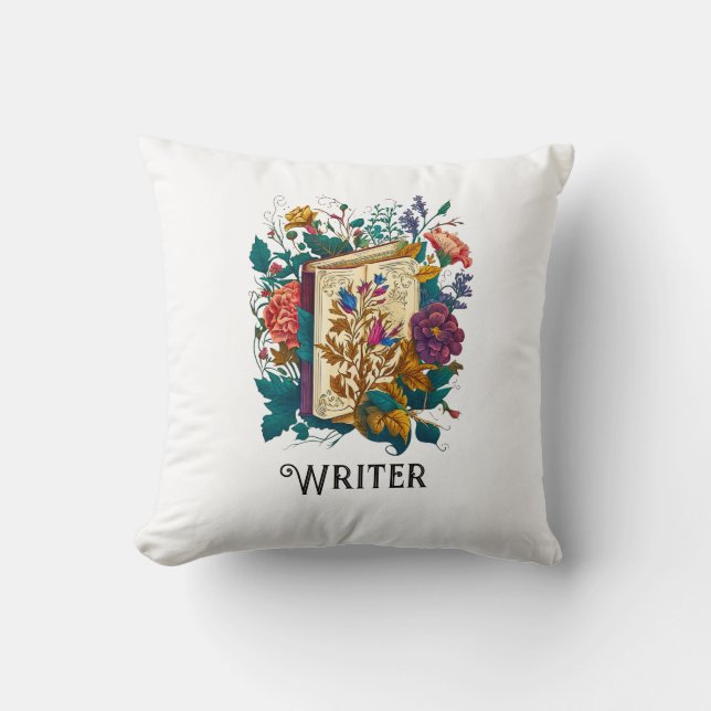 Coussin Écrivain de style victorien, livre & fleurs (Recto)