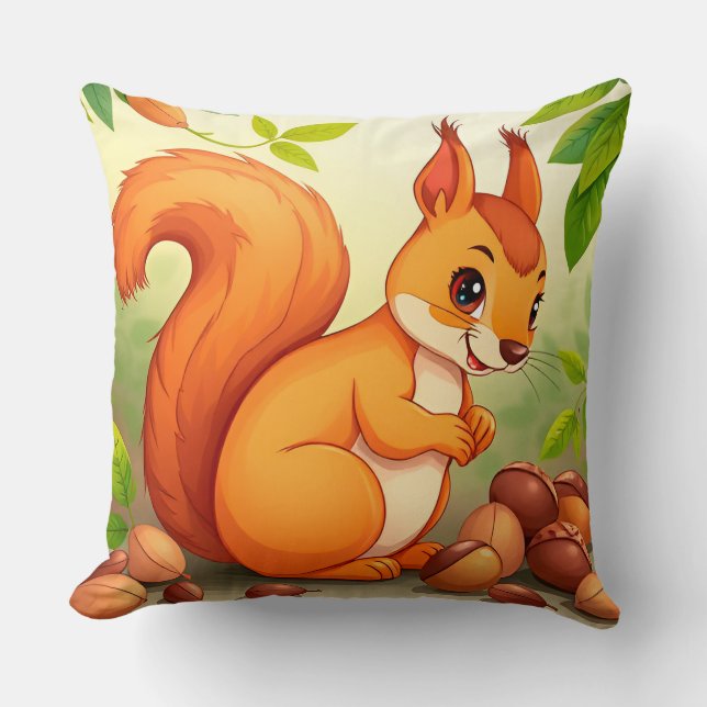 Coussin Écureuil de dessin animé adorable avec des noix (Recto)