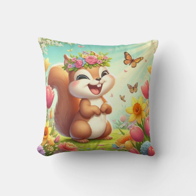 Coussin Écureuil du printemps mignon et heureux (Recto)