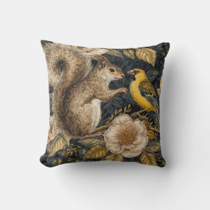Coussin Écureuil et Canari Jaune avec Motif Fleurs