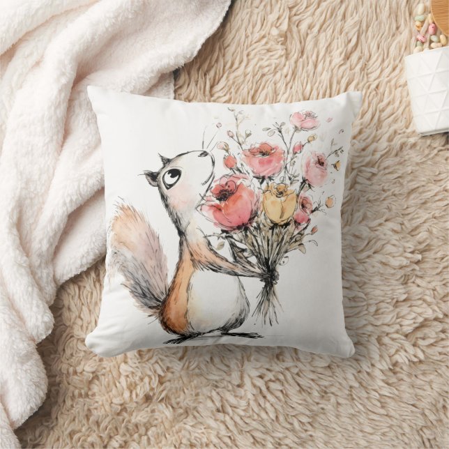 Coussin Écureuil mignon avec bouquet de fleurs (Couverture)