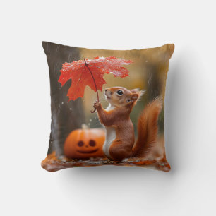 Coussin Écureuil mignon avec parapluie à feuilles - Pluie 